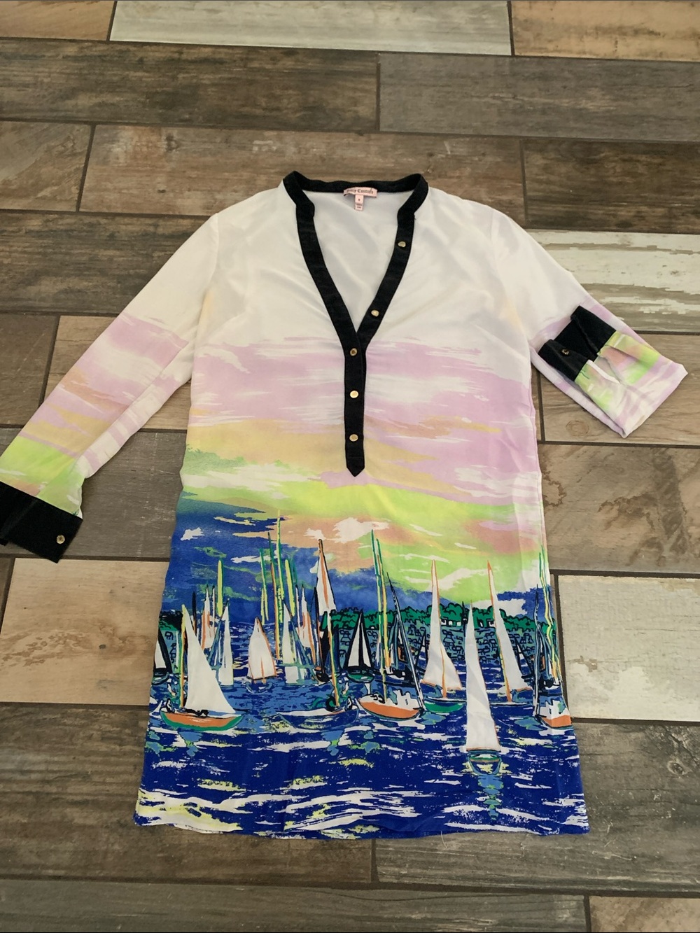 Juicy Couture Pastel Sailboat Print Long Sleeve Dress with Black Trim